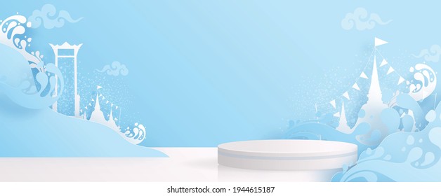 3d Background products for Songkran Festival podium in vector 3d with cylinder circle podium stand to show cosmetic product with Blue water splash,thai architecture. ( Translation thai : Songkran )