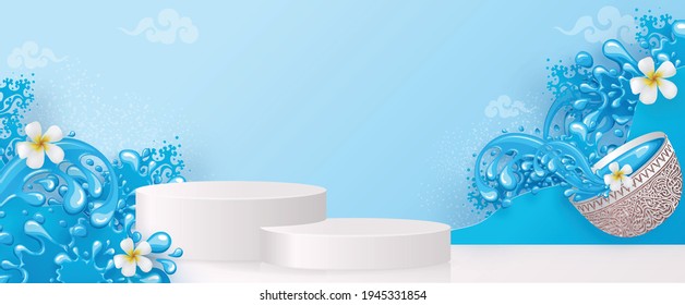 3d Background products for Songkran Festival podium in vector 3d with cylinder circle podium stand to show cosmetic product with Blue water splash,thai architecture. ( Translation thai : Songkran )