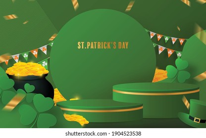 3d Background products for St.Patrick's Day podium Green hat, a pot of gold coins, shamrock, horseshoe, Irish flag.vector cylinder product  with paper cut art and craft style on paper color.