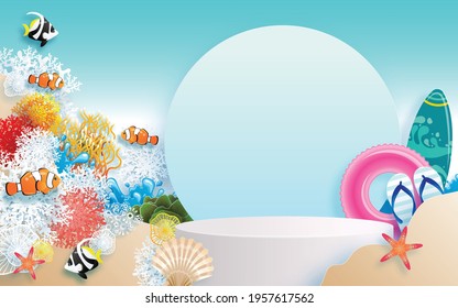 3d Background products for Summer podium in vector 3d with underwater coral reef with fish on a blue sea background. Nature vector illustration. 