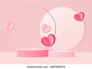 3d background products valentine podium in love platform. heart background vector 3d rendering with cylinder. podium stand to show cosmetic product. Stage romance showcase on pedestal pink love studio