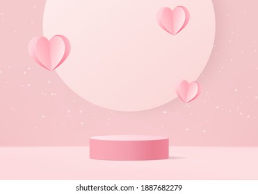 3d background products valentine podium in love platform. heart background vector 3d rendering with cylinder. podium stand to show cosmetic product. Stage romance showcase on pedestal pink love studio