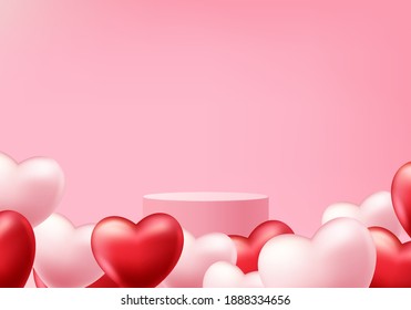 3d background products valentine podium in love platform. heart background vector 3d rendering with cylinder. podium stand to show cosmetic product. Stage romance showcase on pedestal pink love studio