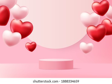 3d background products valentine podium in love platform. heart background vector 3d rendering with cylinder. podium stand to show cosmetic product. Stage romance showcase on pedestal pink love studio