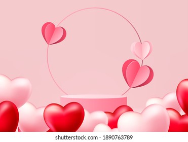 3d background products valentine podium in love platform. heart background vector 3d rendering with cylinder. podium stand to show cosmetic product. Stage romance showcase on pedestal pink love studio