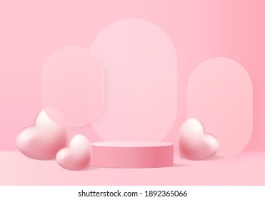 3d background products valentine podium in love platform. heart background vector 3d rendering with cylinder. podium stand to show cosmetic product. Stage romance showcase on pedestal pink love studio