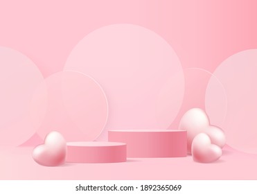 3d Background Products Valentine Podium In Love Platform. Heart Background Vector 3d Rendering With Cylinder. Podium Stand To Show Cosmetic Product. Stage Romance Showcase On Pedestal Pink Love Studio