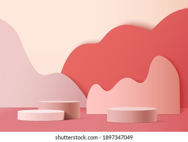 3d background products valentine podium in love platform. red background vector 3d rendering with cylinder. podium stand to show cosmetic product. Stage romance showcase on pedestal pink love studio