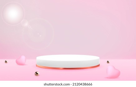 3d background products valentine podium in love platform. Podium stand to show cosmetic product. Valentine's day pink background with podium for product display. Product presentation, mock up. Vector