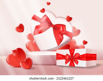 3d background products of the Valentine's catwalk on the platform of love with red hearts and gift boxes. A stand on the podium to demonstrate a cosmetic product. 