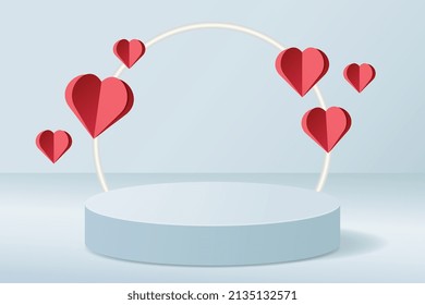3d Background products for valentines day podium in love platform. heart background vector 3d with cylinder. podium stand to show cosmetic product with craft style on background. Vector illustration