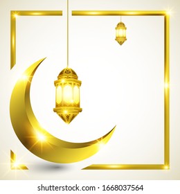Fondo 3D Ramadan Kareem diseño de saludos con luna y patrón clásico y farol