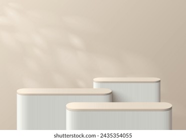 Fondo 3D con conjunto de podio a nivel de cilindro beige realista y escena de pared de iluminación de hojas naturales. Composición abstracta en diseño minimalista. Presentación de producto de maqueta de plataformas. Escaparate