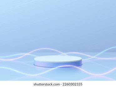 3D background with realistic blue cylinder pedestal podium, Speed neon lighting wave curve lines. Futuristic minimal wall scene mockup product display. Vector abstract geometric forms. Stage showcase.