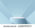3D background with realistic blue, white cylinder stand podium and overlap triangles wall scene. Pastel minimal mockup product display. Abstract geometric platforms. Stage showcase. 3D vector render.