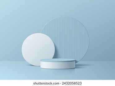 3D background realistic blue, white podium pedestal with round circles overlap scene. Platforms mockup product display presentation. Abstract geometric composition in minimal design. Stage showcase.