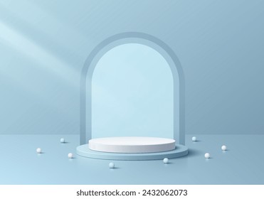 3D background realistic blue, white podium pedestal with arch shape overlap backdrop wall scene. Platforms mockup product display presentation. Abstract composition in minimal design. Stage showcase.
