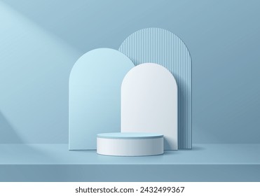 3D background realistic blue and white podium pedestal with arch shape overlap backdrop scene. Platforms mockup product display presentation. Abstract composition in minimal design. Stage for showcase