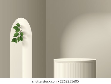 3D background with realistic Cream beige cylinder stand product podium, Green leaf in Arch gate. Pastel minimal wall scene mockup product display. Abstract geometric platforms. Round stage showcase.