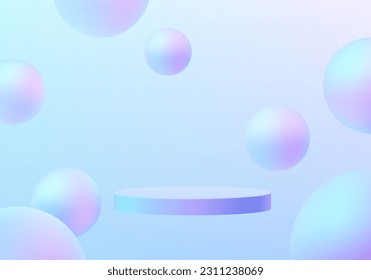 3D background realistic cylinder pedestal podium with bounce blue blue hologram color balls. Wall minimal scene. Mockup product display. Abstract geometric platforms. Stage showcase. Vector rendering.