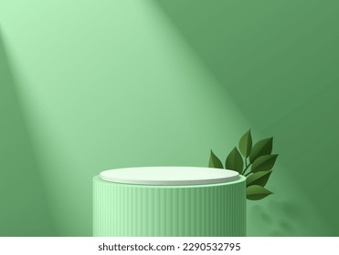 Fondo 3D con fondo verde realista, podio de soporte de cilindro blanco y escena de pared de hojas verdes. Pantalla de producto de simulación mínima de Pastel. Resumen de las plataformas geométricas. Escenario para el escaparate. Representación vectorial 3D.