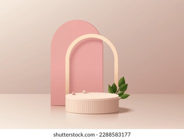 3D-Hintergrund mit realistischem rosa und beigefarbenem, realistischem Zylinderbodenpodium. Die minimale Wand-Szene von Pastellfarben ist ein Musterbeispiel für die Produktdarstellung. Abstrakte geometrische Plattformen. Stufe für die Präsentation. 3D-Vektorgrafik.