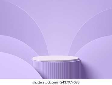 3D background with realistic purple, white cylinder stand podium and overlap curve wall scene. Pastel minimal mockup product display. Abstract geometric platforms. Stage showcase. 3D vector rendering.