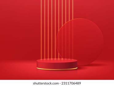 fondo 3D, podio peatonal realista de cilindro rojo y dorado con escena de pared de luz de neón vertical brillante. Pantalla mínima de producto de simulación. Plataforma geométrica abstracta. Muestra de escenario. Representación de vectores