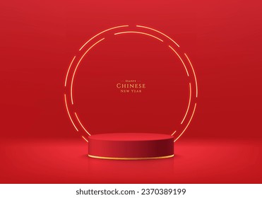 fondo 3D, podio peatonal realista de cilindro rojo y dorado con escena de pared de luz de neón de anillo brillante. Pantalla mínima de producto de simulación. Plataforma geométrica abstracta. Muestra de escenario. Representación vectorial.
