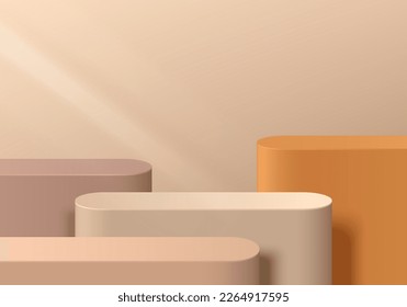 Fondo 3D con escalones realistas alrededor del podio del producto conjunto en color marrón claro, beige y naranja. Pantalla mínima del producto de simulación de la escena de la pared. Resumen Plataformas geométricas vectoriales. Muestra de escenario.