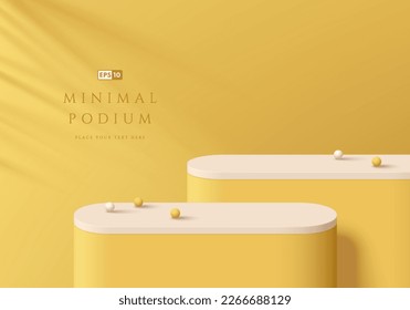 3D background with realistic steps round product podium set in white and yellow color. Palm leaf shadow. Minimal wall scene mockup product display. Abstract Vector geometric platforms. Stage showcase.