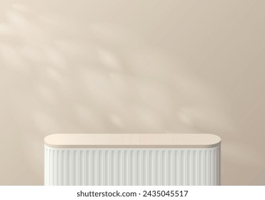 3D background with realistic white beige round corner podium and natural leaf lighting wall scene. Abstract composition in minimal design. Platforms mockup product display presentation. Stage showcase