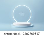 3D background with realistic white, blue cylinder podium. Glow neon ring light. Abstract minimal wall scene. Pastel mockup product display. Geometric platforms. Stage for showcase. 3D vector rendering