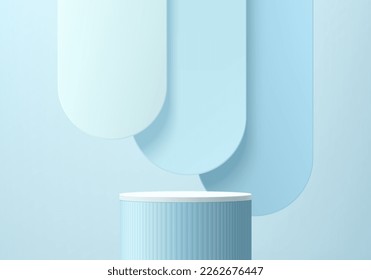 3D background with realistic white and blue cylinder stand product podium, layers on geometric scene. Pastel minimal wall scene mockup product display. Abstract geometric platform. Stage for showcase.