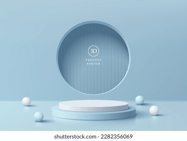 3D background with realistic white and blue cylinder podium. Sphere balls, beads. Abstract minimal wall scene. Pastel mockup product display. geometric platforms. Stage showcase. 3D vector rendering.