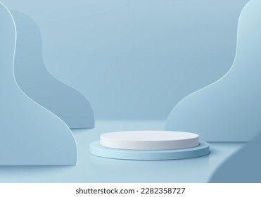 3D background with realistic white and blue cylinder podium. Wavy scene backdrop. Abstract minimal wall scene. Pastel mockup product display. Geometric platforms. Stage showcase. 3D vector rendering.