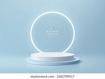 3D background with realistic white, blue cylinder podium. Glow neon ring light. Abstract minimal wall scene. Pastel mockup product display. Geometric platforms. Stage for showcase. 3D vector rendering