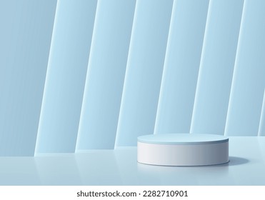 Fondo 3D con podio realista blanco, cilindro azul. Escena en la pared de líneas luminosas de neón brillante. Pantalla de producto de simulación mínima de Pastel. Resumen de las plataformas geométricas. Escenario para el escaparate. Representación vectorial 3D