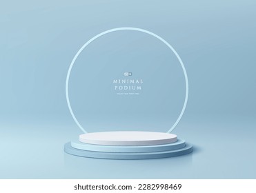 3D background with realistic white, blue steps cylinder podium and circle ring wall scene. Pastel minimal mockup product display. Abstract geometric platforms. Stage for showcase. 3D vector rendering.