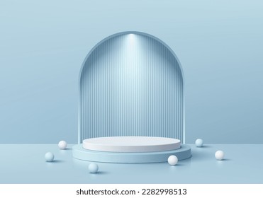 3D background with realistic white and blue cylinder podium. Arch gate and balls. Abstract minimal wall scene. Pastel mockup product display. Geometric platforms. Stage showcase. 3D vector rendering.