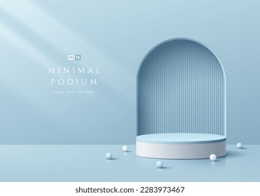 3D background with realistic white, blue cylinder podium. Vertical lines in arch gate wall scene. Pastel minimal mockup product display. Abstract geometric platforms. Stage showcase. 3D vector render.