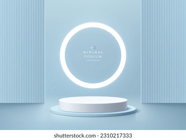 3D background with realistic white, blue cylinder podium. Glow neon ring light. Abstract minimal wall scene. Pastel mockup product display. Geometric platforms. Stage for showcase. 3D vector rendering