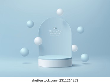 3D background realistic white and blue cylinder podium. Arch backdrop and bounce balls. Wall minimal scene. Mockup product display. Abstract geometric platforms. Stage showcase. 3D Vector rendering.