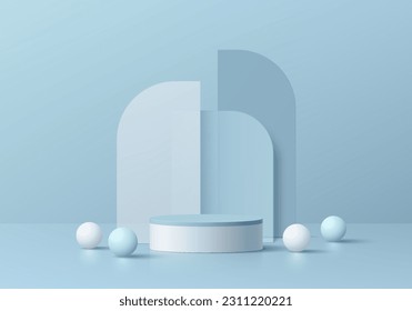 fondo 3D podio realista de cilindro blanco y azul. Fondo y bolas de solapamiento de arco. Escena mínima de pared. Pantalla de producto de mordaza. Resumen de las plataformas geométricas. Muestra de escenario. Representación vectorial 3D.