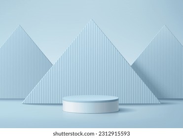 Sólido de cilindro blanco y azul realista en el fondo 3D con capas de fondo triangular. Escena mínima de pared. Pantalla de producto de mordaza. Resumen de las plataformas geométricas. Muestra de escenario. Representación vectorial 3D.