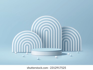 fondo 3D podio realista de cilindro blanco y azul con arcos rayas fondo. Escena mínima de pared. Pantalla de productos cosméticos de mockup. Plataforma geométrica abstracta. Muestra de escenario. Representación vectorial.