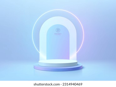 3D background realistic white blue cylinder pedestal podium with neon ring and arch backdrop scene. Wall minimal mockup product display. Abstract geometric platforms. Stage showcase. Vector rendering.