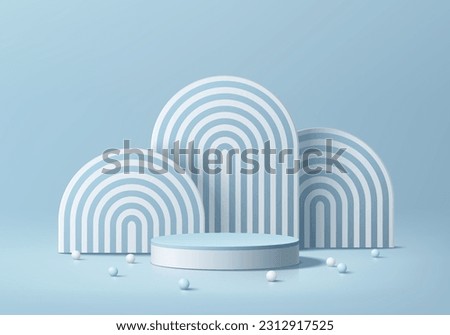 3D background realistic white and blue cylinder podium with arches stripes backdrop. Wall minimal scene. Mockup cosmetic product display. Abstract geometric platform. Stage showcase. Vector rendering.