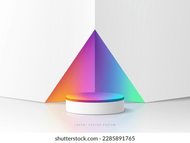 3D background with realistic white, colorful cylinder podium. Rainbow color in corner triangle wall scene. Minimal mockup empty product display. Abstract vector 3D rendering. Lgbtq for stage showcase.