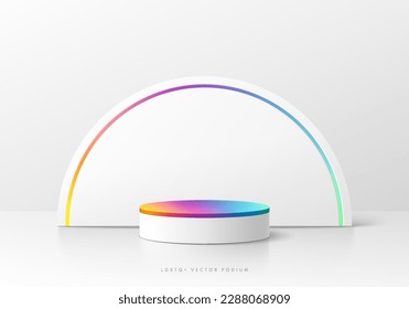 3D-Hintergrund mit realistischer weißer, bunter Zylinderplatte. Stolze Regenbogenfarbe in Halbkreisfensterwandszene. Minimale Auswahl leerer Produktdarstellung. Abstrakte Vektorgrafik 3D-Darstellung. Stufenvorführung.